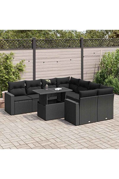 vidaxl Set mobilier de gradina cu perne, 9 piese, negru, poliratan