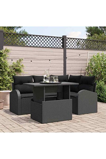 vidaxl Set de canapele pentru gradina cu perna 5 pcs Negru Rattan poli