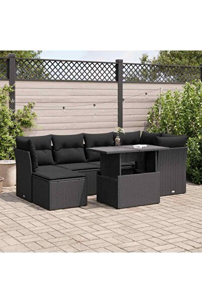vidaxl Set canapele de gradina cu perne, 7 piese, negru, poliratan