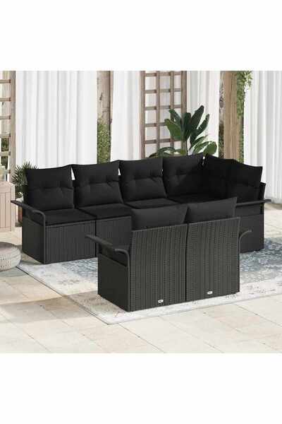 vidaxl Set de canapele pentru gradina cu perna 7 pcs Negru poliratan