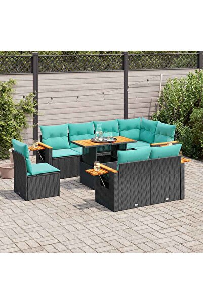 vidaxl Set mobilier gradina perne 9 piese negru poliratan/lemn acacia