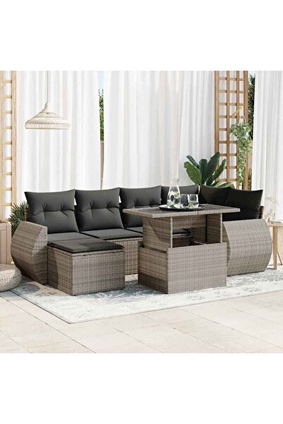 vidaxl Set canapele de gradina, 7 piese, cu perne, gri, poliratan