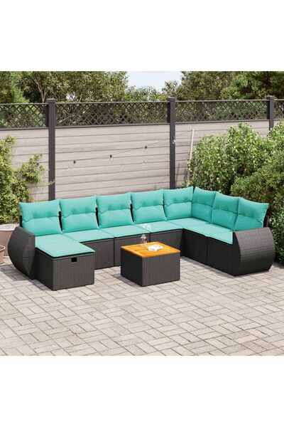 vidaxl Set mobilier de gradina cu perne, 9 piese, negru, poliratan