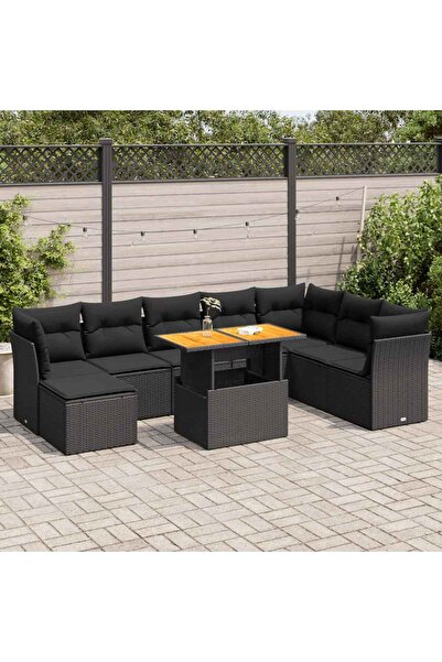 vidaxl Set mobilier de gradina cu perne, 9 piese, negru, poliratan