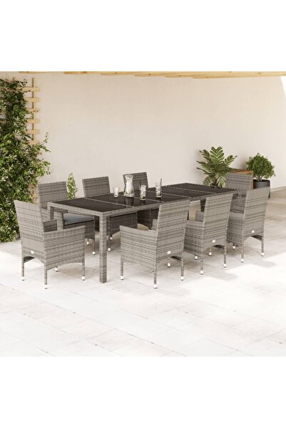 vidaxl Set mobilier de gradina cu perne 9 piese gri poliratan & sticla