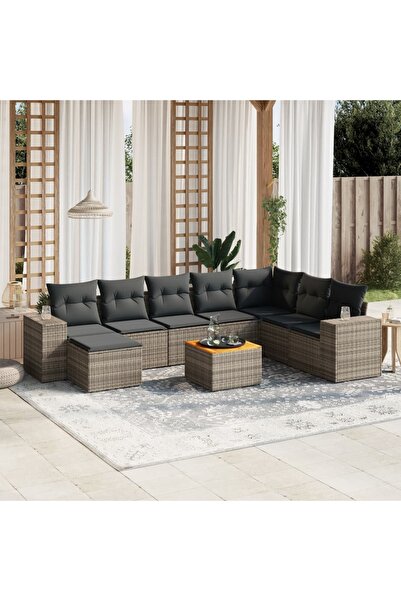 vidaxl Set canapele de gradina, 9 piese, cu perne, gri, poliratan