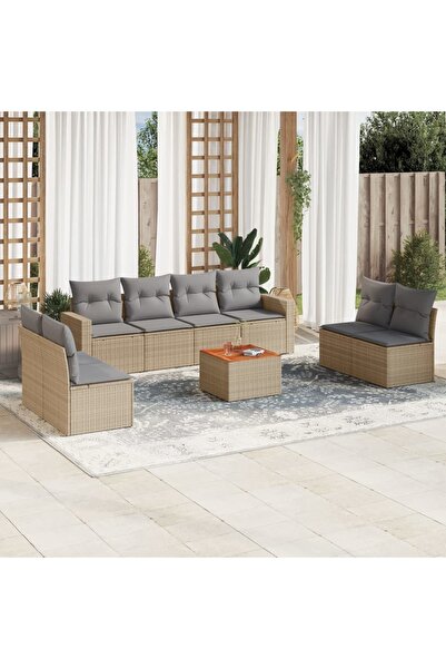 vidaxl Set canapele de gradina, 9 piese, cu perne, bej, poliratan