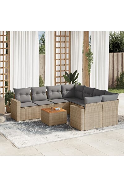 vidaxl Set canapele de gradina, 9 piese, cu perne, bej, poliratan
