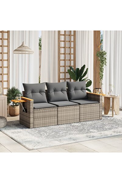 vidaxl Set canapea de gradina cu perne, 3 piese, gri, poliratan