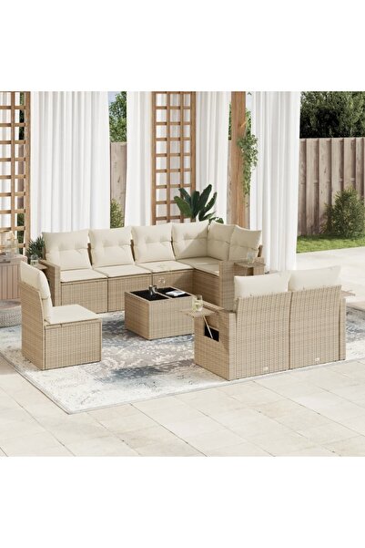 vidaxl Set canapele de gradina, 9 piese, cu perne, bej, poliratan
