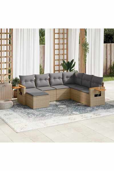 vidaxl Set canapele de gradina, 7 piese, cu perne, bej, poliratan
