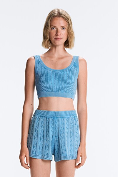 Oysho Yıkanmış örgü crop askılı bluz