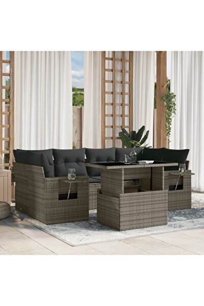 vidaxl Set canapele de gradina, 7 piese, cu perne, gri, poliratan
