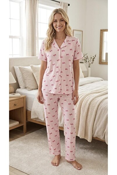 Çağrı 52670 Pink Striped Bow Tie Button-Down Shirt Pajama Set