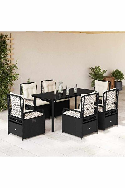 vidaxl Set mobilier de gradina cu perne, 7 piese, negru, poliratan