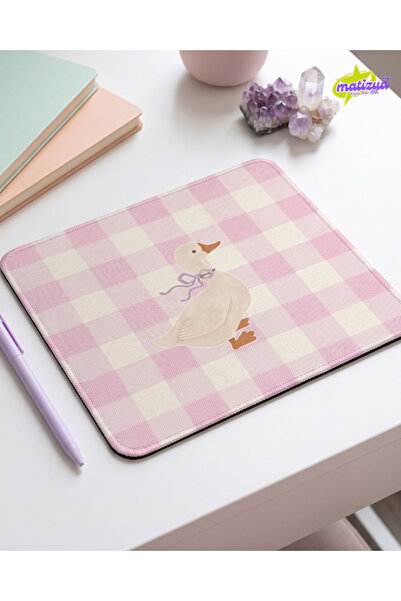 matizya Pembe Kareli Kurdeleli Ördek Desenli Kare Mouse Pad Kaymaz Tabanlı Ae...