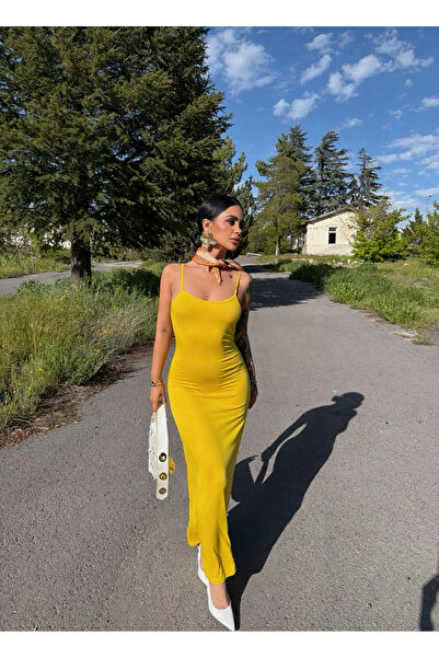 kırmızı butiks Yellow Strappy Viscose Maxi Dress