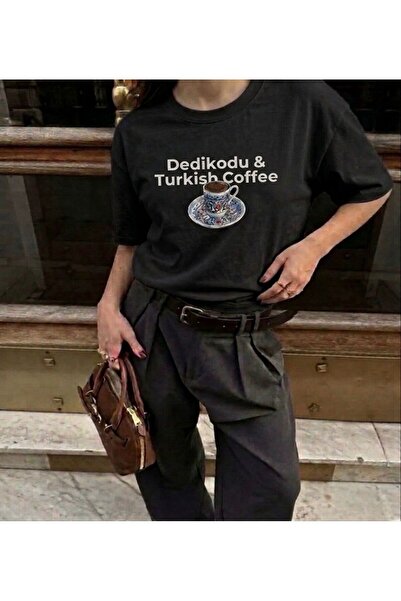 LELVANİ Tricou pentru femei cu guler rotund, cu imprimeu DEDİKODU și cafea tu...
