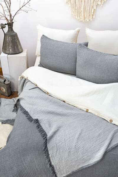 HB&Victory Muslin Bedspread Double Size 240X230 Cm. Anthracite Color 100% Cot...