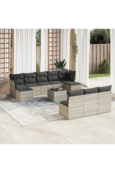 vidaxl Garden sofa set with cushions, 11 pieces, grey, polyrattan