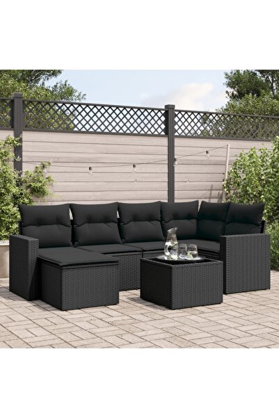 vidaxl Garden sofa set with cushions, 7 pieces, black, polyrattan