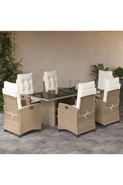 vidaxl Set de masa pentru gradina, 7 piese, cu perne, bej, poliratan