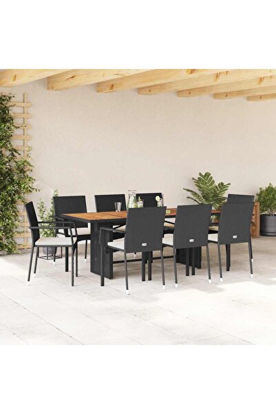 vidaxl Garden furniture set with cushions, 9 pieces, black, polyrattan