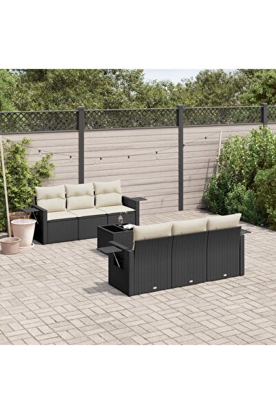 vidaxl Garden sofa set with cushions, 7 pieces, black, polyrattan