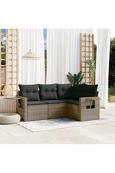 vidaxl Garden sofa set with cushions, 4 pieces, grey, polyrattan