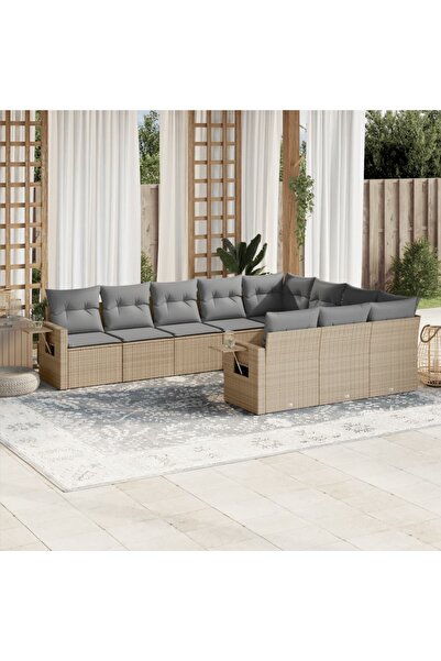 vidaxl Garden sofa set with cushions, 10 pieces, beige, polyrattan