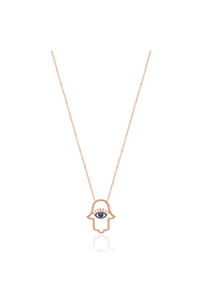 Emiliano Jewellery Lacivert Taşlı Rose Altın Kaplamalı El Desenli Göz Gümüş K...
