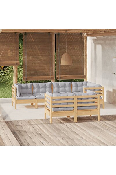vidaxl Set mobilier gradina cu perne gri, 7 piese, lemn masiv de pin