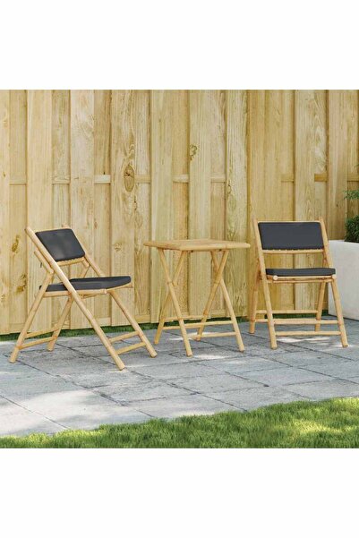 vidaxl Set de bistro pliabil, 3 piese, cu perne gri a®nchis, bambus