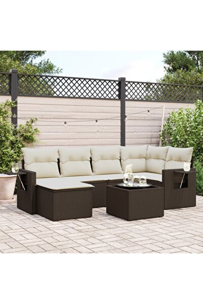 vidaxl Garden sofa set with cushions, 7 pieces, brown, polyrattan