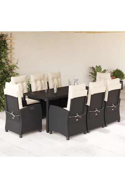 vidaxl Garden furniture set with cushions, 9 pieces, black, polyrattan