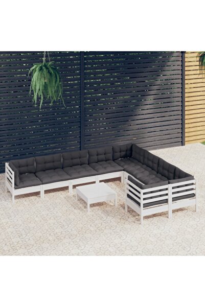 vidaxl Set mobilier gradina cu perne, 10 piese, alb, lemn de pin