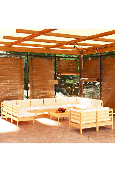 vidaxl Set mobilier gradina cu perne, 13 piese, crem, lemn de pin
