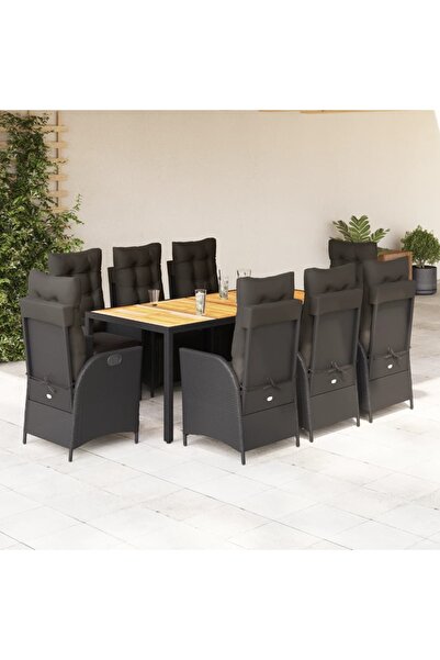vidaxl Garden furniture set with cushions, 9 pieces, black, polyrattan