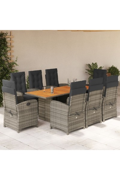 vidaxl Garden furniture set with cushions, 9 pieces, grey, polyrattan