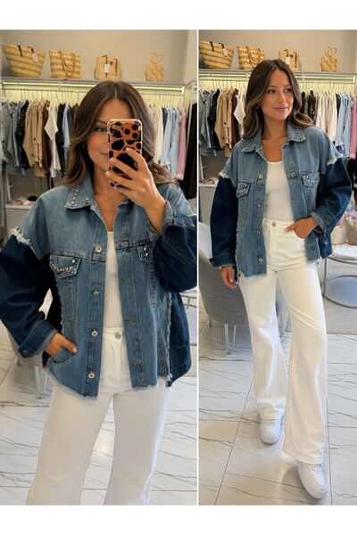 Hilals Butik Lacivert Çift Parçalı Taşlı Kot Denim Ceket