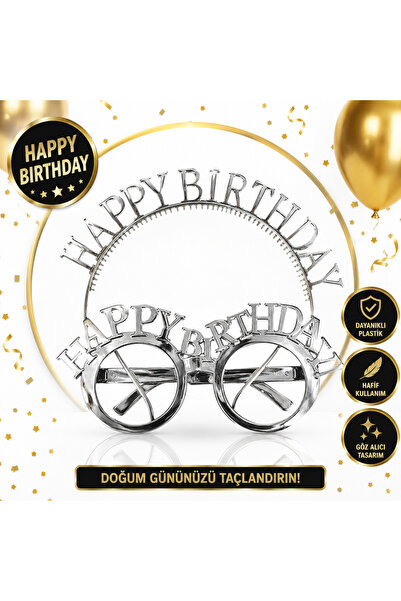 eğlencemarketi Gümüş Happy Birthday Parti Tacı ve Gözlüğü Seti Doğum Günü Par...