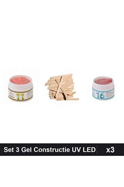 Makeup Set 3 Gel Constructie UV LED FSM 15g, Nuante 11 și 16, Spatule Lemn, M...