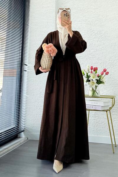 MELEK ARAZ Premium Natural Aysha Keten Abaya Takım – Kahverengi