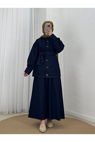 Holehola Munir Metal Buttoned Skirted Denim Suit-Ls5432 Navy Blue