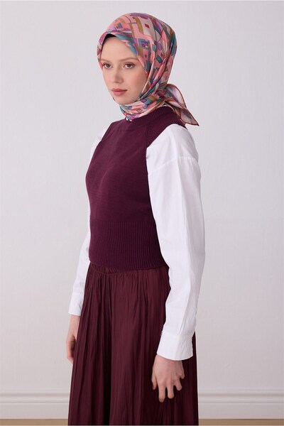 Belli Pembe Çok Renkli Obje Desen %100 Twill İpek Eşarp 4307-85