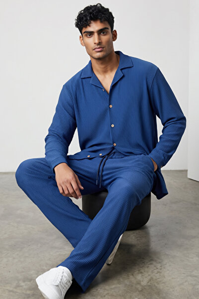 modasende Men's Navy Blue Ottoman Corduroy Shirt and Pants Set - Top and Bott...