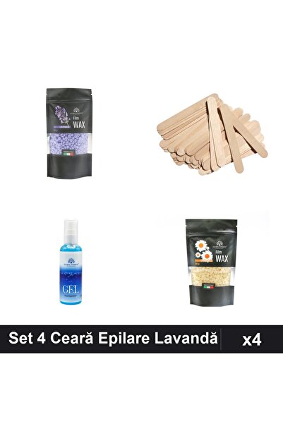 Makeup Set 4 Ceară Epilare Lavandă Musetel 100g, Spatulă Lemn, Gel Calmant, Î...