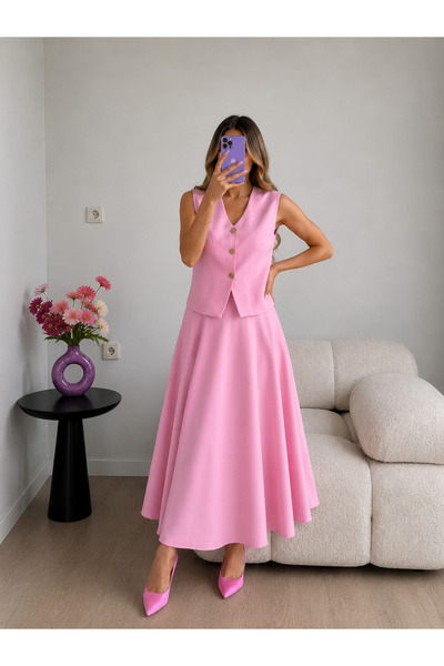 Ekim Store Gold Buttoned Vest Skirt Double Blazer Suit