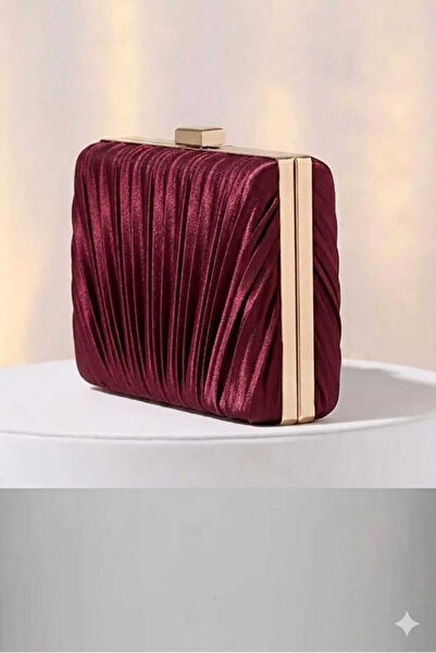 ZEYYMODA Kadın Bordo Saten Pilse Desenli Abiye Çanta Clutch Portföy El Abiye Çantası