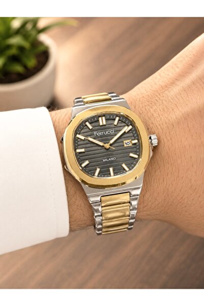 Ferrucci Altın Gümüş Renk Kare Model Orjinal Garantili Erkek Kol Saati + BİLE...